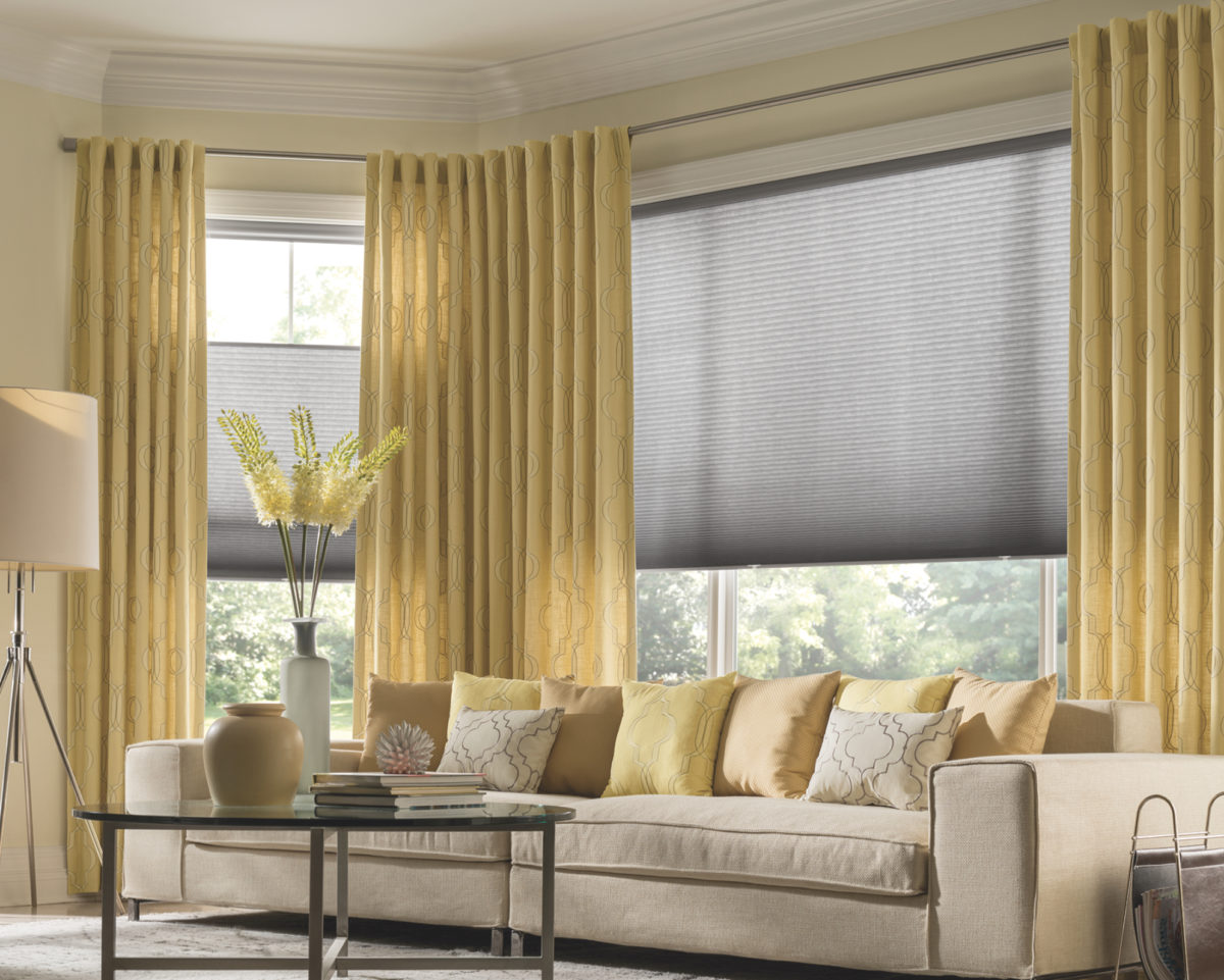 Cellular shades with decorative panels in living room